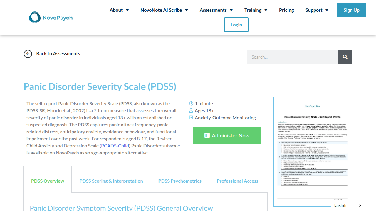 A screenshot of the Novopsych website showing information about the Panic Disorder Severity Scale (PDSS), a self-report questionnaire for assessing panic attack severity.