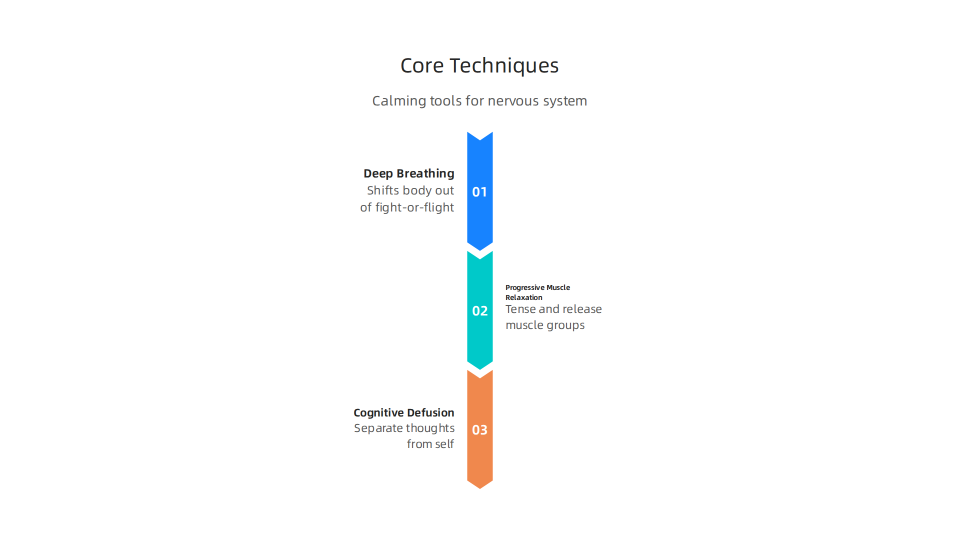 Counselors provide specific techniques like deep breathing, progressive muscle relaxation, and cognitive defusion to calm the nervous system and manage anxious thoughts.
