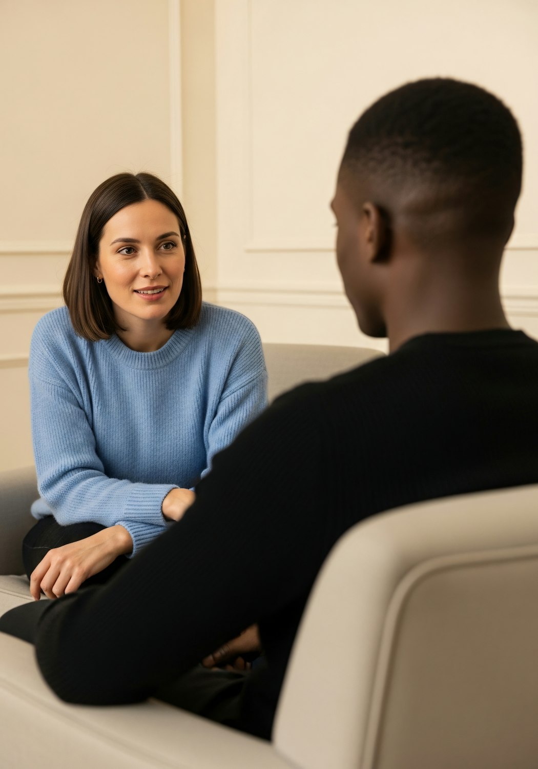 Couples often feel nervous but find a structured and safe space in early therapy sessions to assess their relationship history and goals.