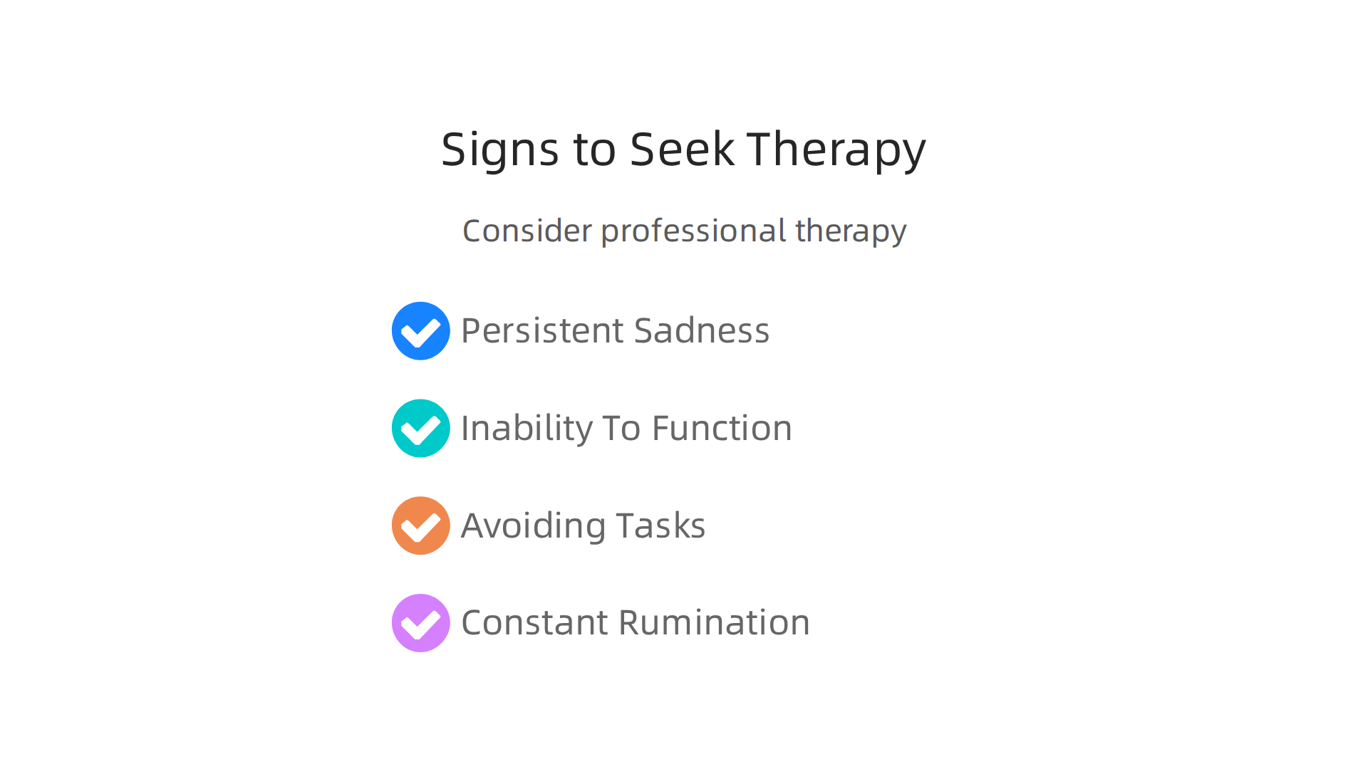 An infographic listing the key signs indicating it might be time to consider professional therapy for breakup support: persistent sadness, inability to function, avoiding tasks, and constant rumination.