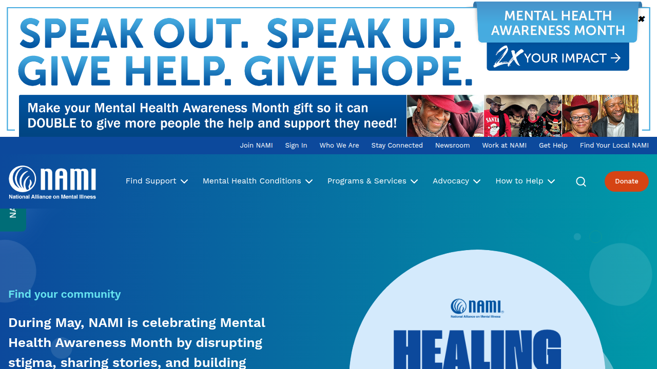 Screenshot of the National Alliance on Mental Illness (NAMI) homepage, a valuable source for mental health information and support.
