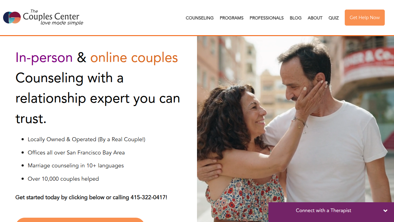 Screenshot of The Couples Center website, a resource for finding licensed therapists specializing in relationship and breakup issues.
