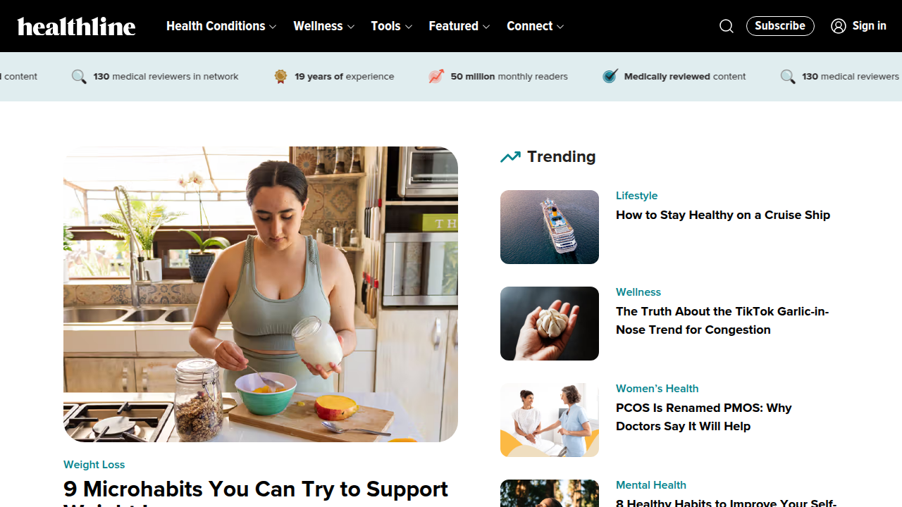 Screenshot of the Healthline homepage, a popular online resource for health and wellness information, including mental health.