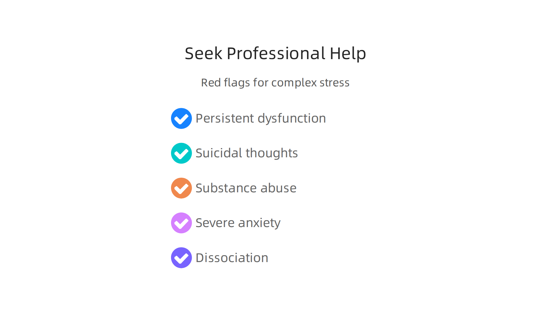 Identify the critical warning signs that indicate it's time to seek professional support for complex stress.