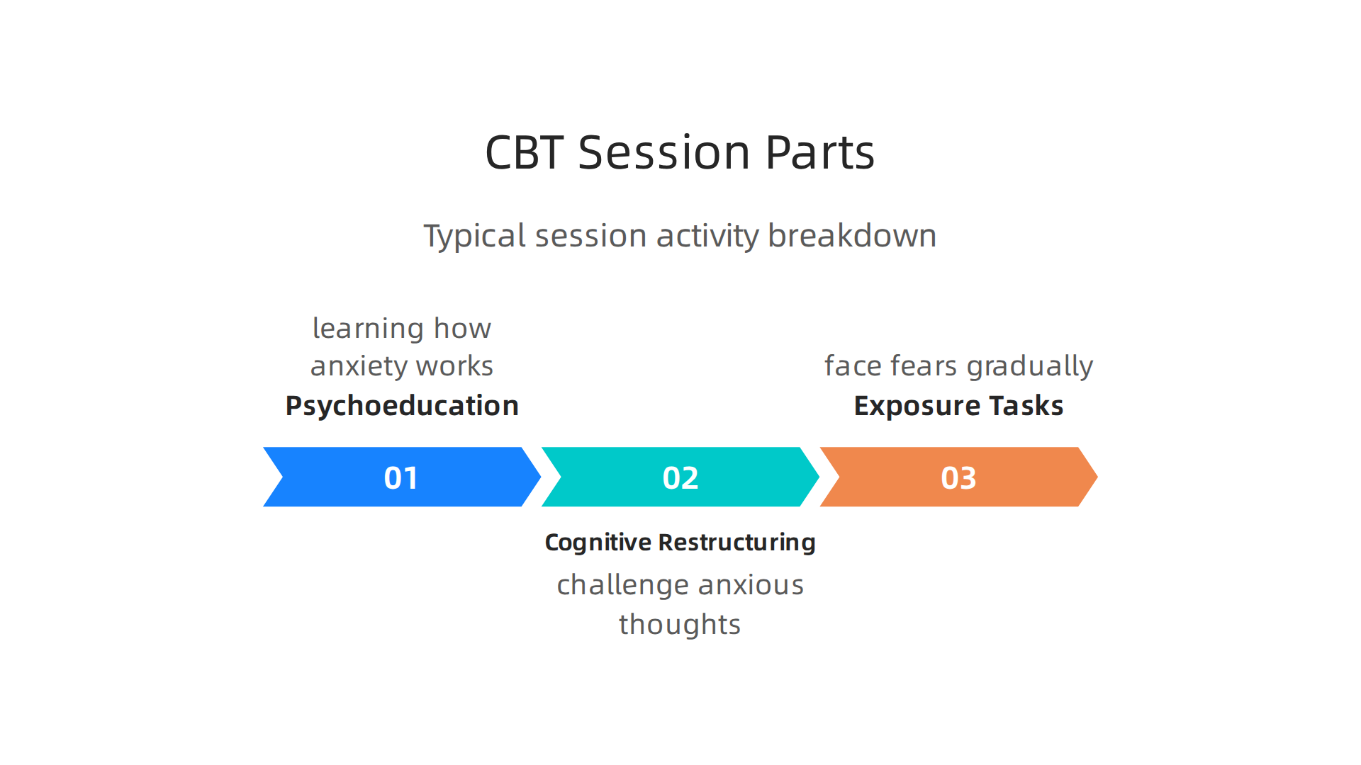A typical breakdown of activities within a Cognitive Behavioral Therapy session for social anxiety.