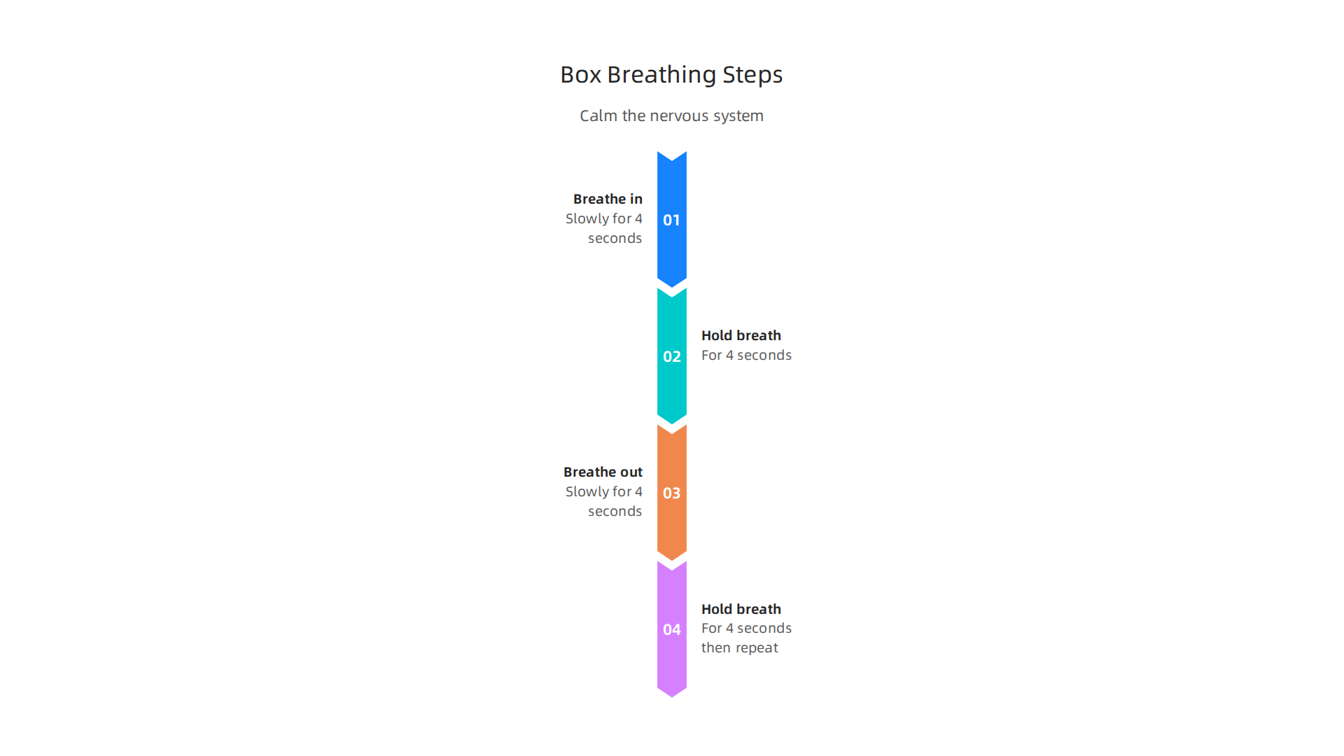 Visual steps for practicing box breathing to calm the nervous system and reduce anxiety.