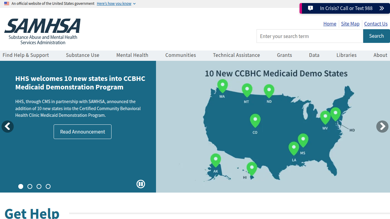 Screenshot of SAMHSA.gov, a federal resource for mental health, drug, and alcohol support.