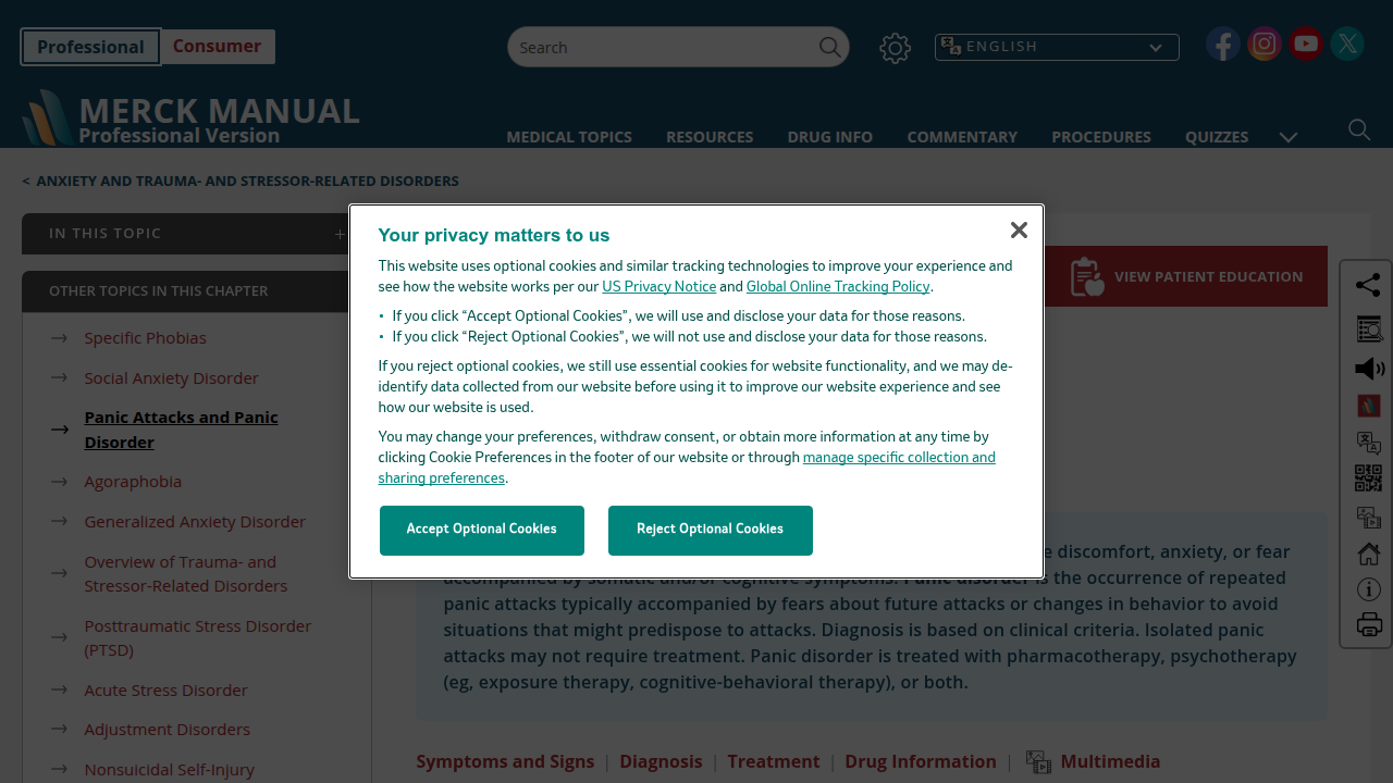 Screenshot of the Merck Manuals website, an authoritative medical resource defining panic attacks and panic disorder.