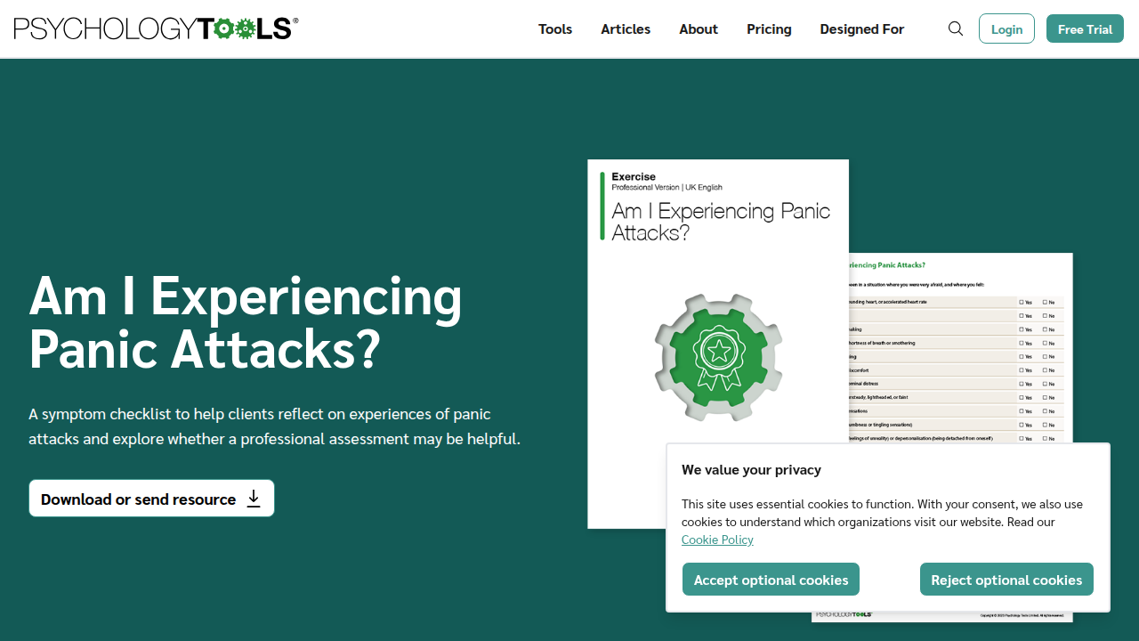 Screenshot of the Psychology Tools website, offering a resource for self-assessment of panic attack symptoms.