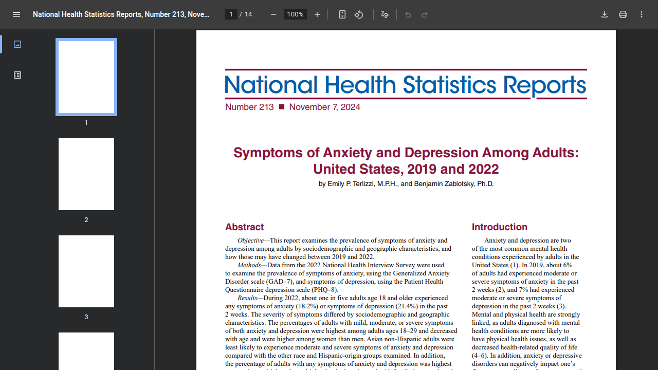 Screenshot of the CDC website, showcasing national health statistics reports related to anxiety symptoms in the United States.