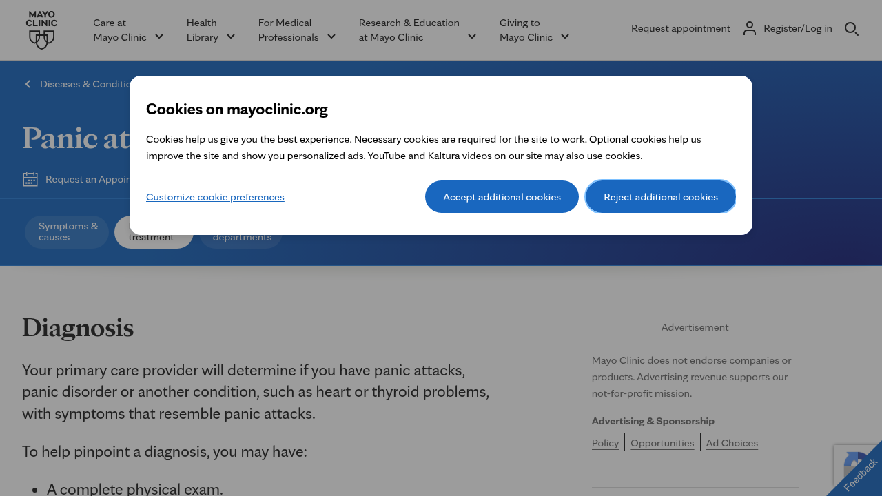 Screenshot of the Mayo Clinic website, providing information on the diagnosis and treatment options for panic attacks and panic disorder.