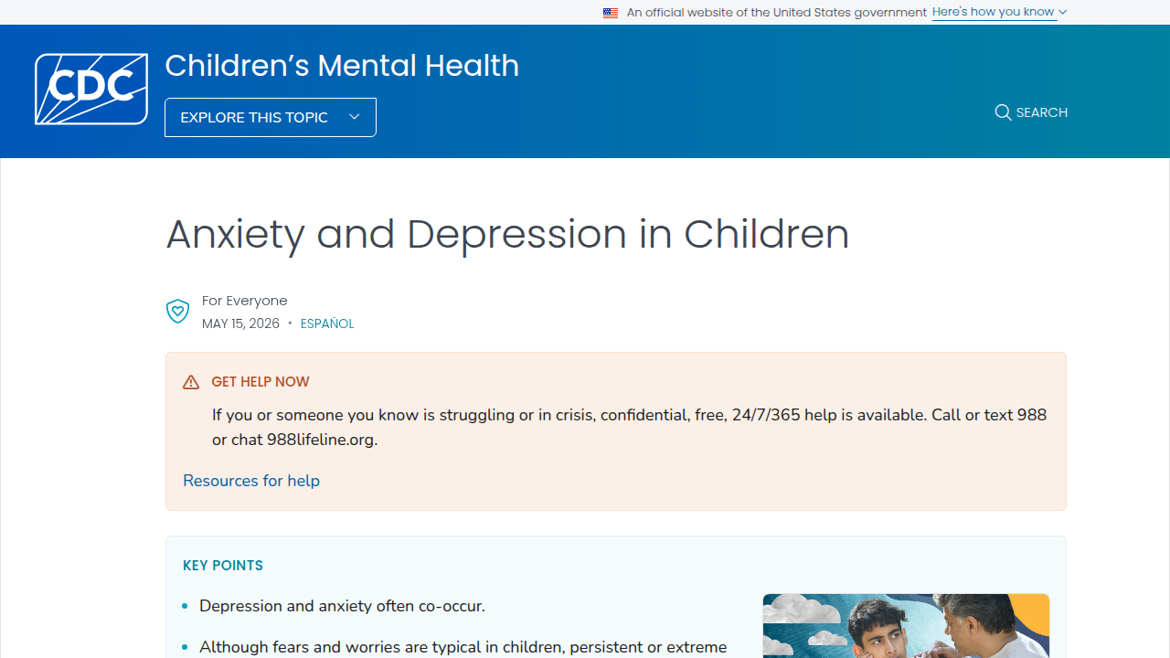 Screenshot of the CDC's Children's Mental Health page, offering insights into anxiety and depression in children.