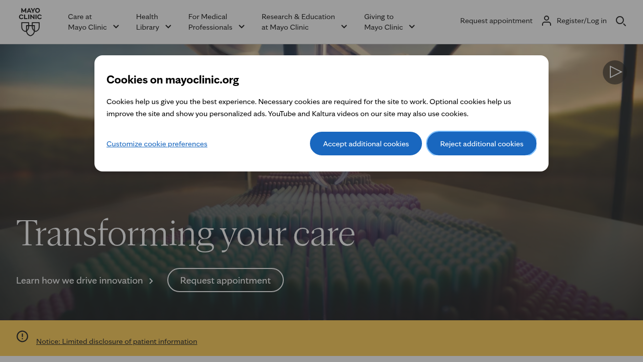 Screenshot of the Mayo Clinic homepage, a trusted source for medical and health information, including anxiety disorders.