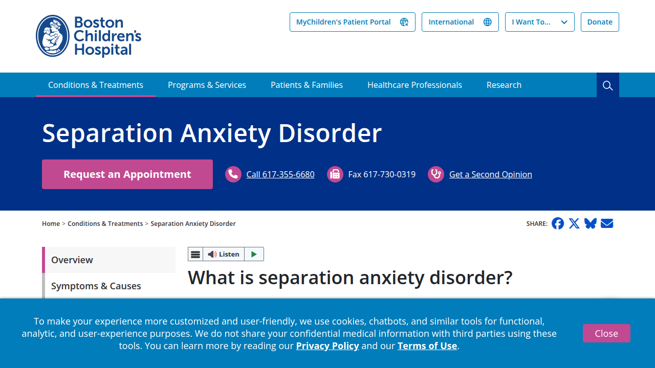 Screenshot of the Boston Children's Hospital website, a leading institution in child health and treatment for anxiety disorders.