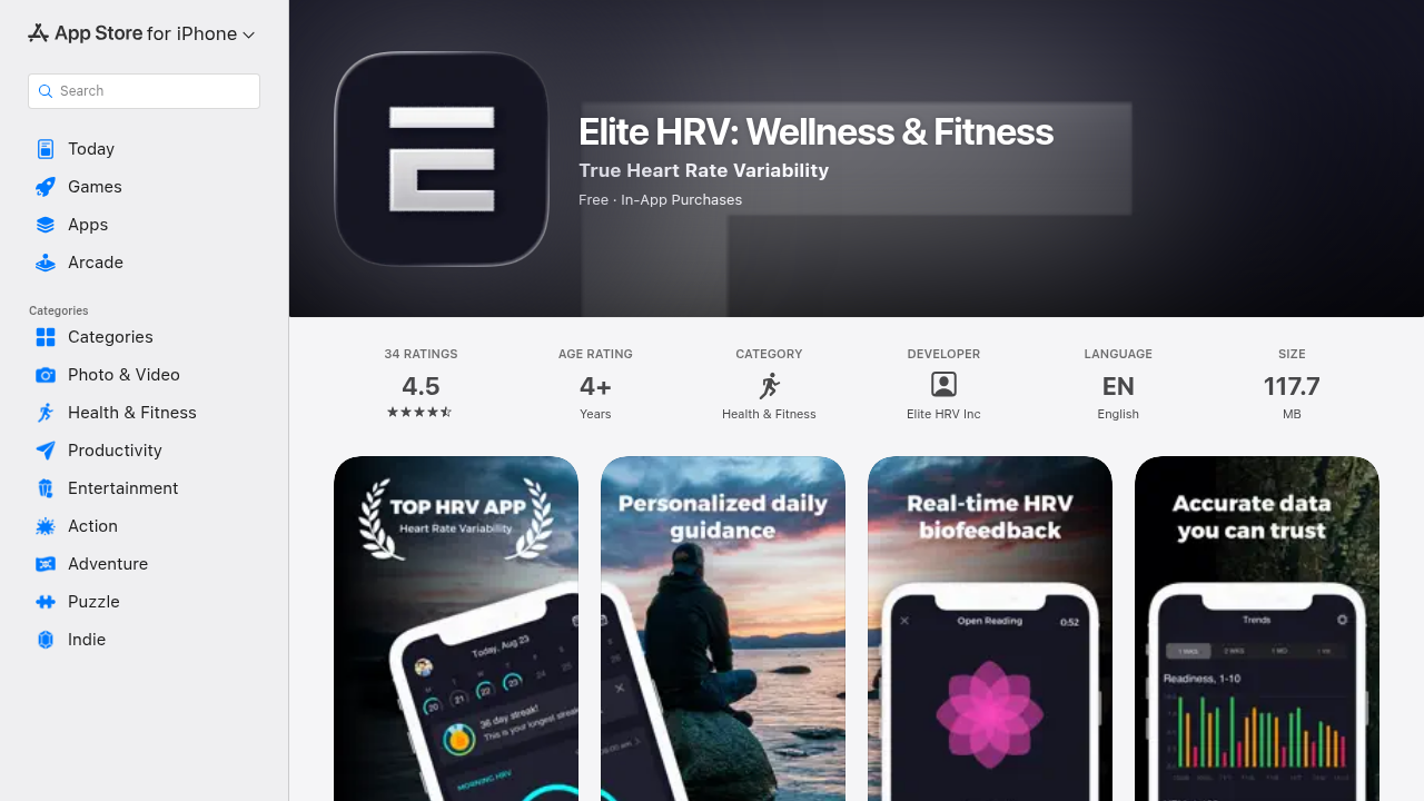 The Elite HRV app page on the Apple App Store, showcasing features for heart rate variability tracking.