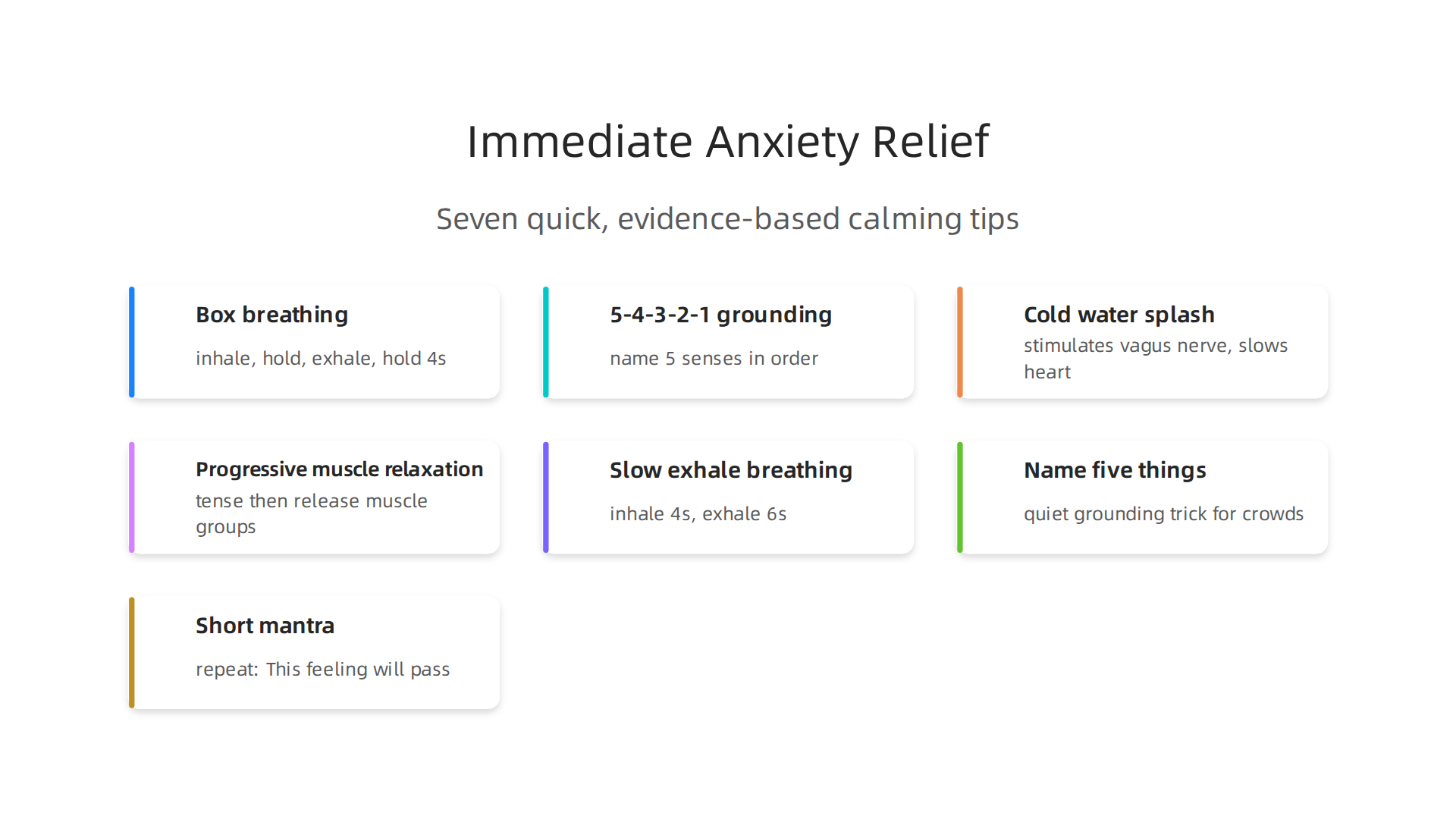 Learn quick, evidence-based techniques to reduce anxiety symptoms as they arise, from breathing to grounding.
