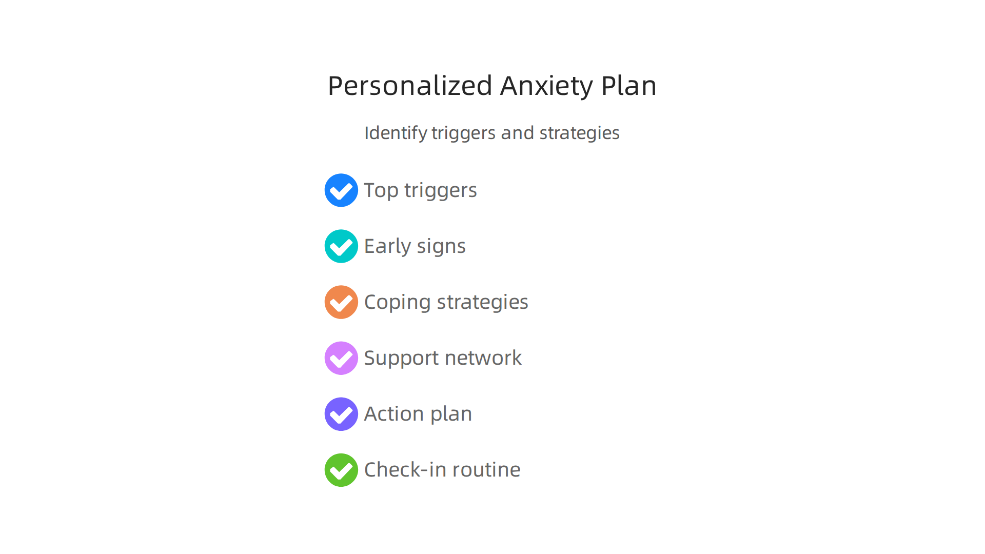 Create your personalized plan by identifying triggers, warning signs, coping strategies, and your support network.