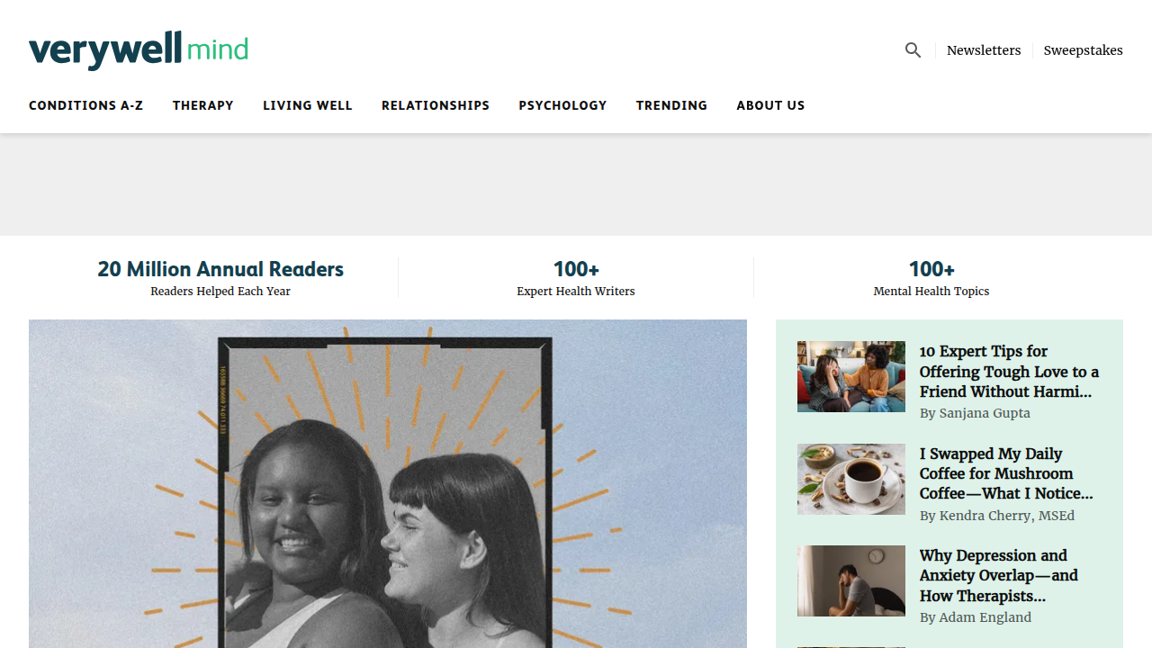 Screenshot of the Verywell Mind homepage, a resource for understanding conditions like panic disorder and its DSM-5 diagnostic criteria.