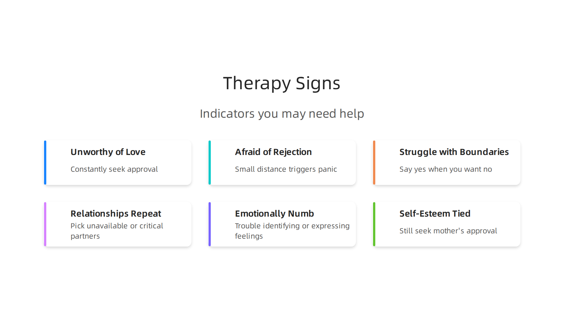 Identify common indicators in adult relationships that suggest therapeutic support for childhood attachment patterns.