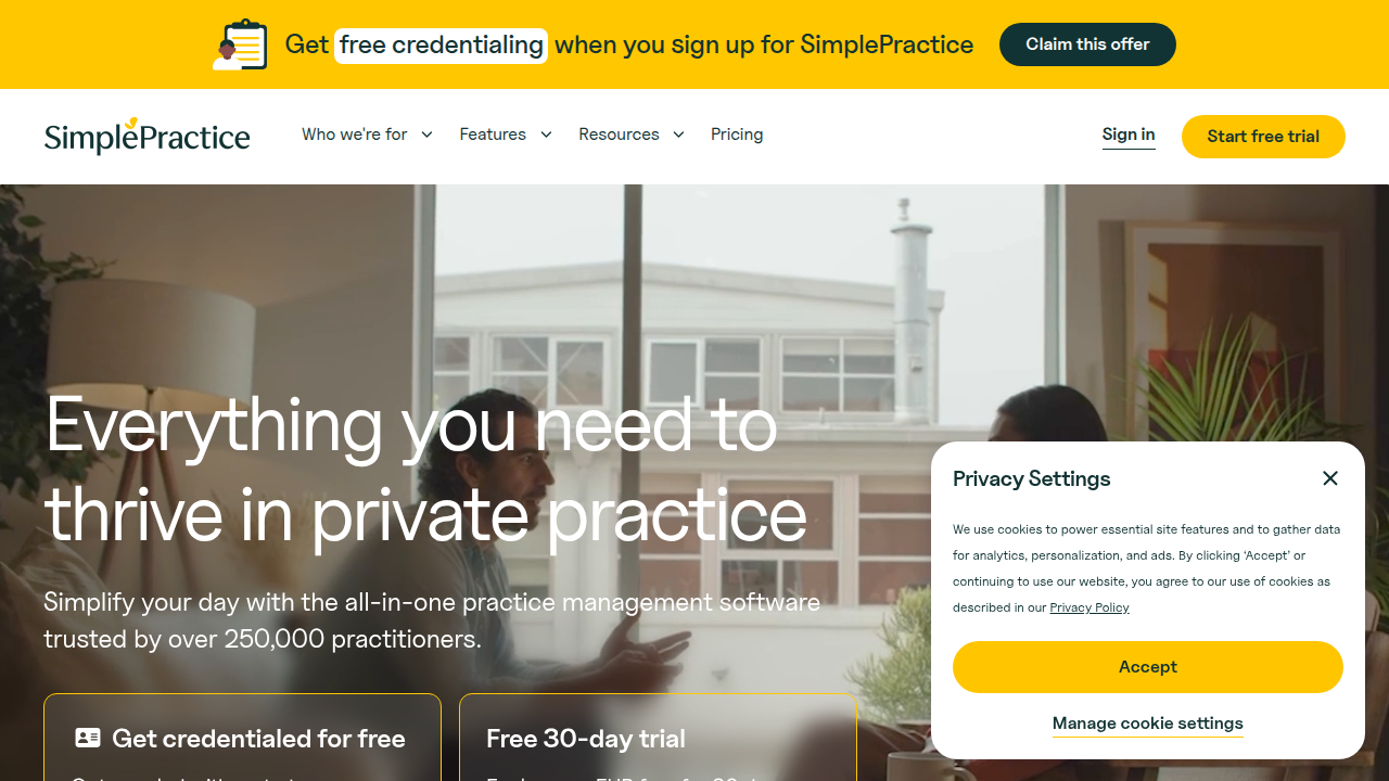 Screenshot of the SimplePractice website homepage, a platform offering resources and tools for mental health practitioners.