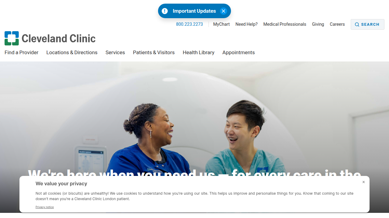 Screenshot of the Cleveland Clinic website homepage, a major health institution providing extensive information on medical conditions including anxiety disorders.