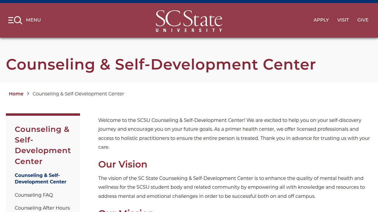 Homepage of the Counseling & Self-Development Center at Southern Connecticut State University, a typical university-affiliated mental health resource.