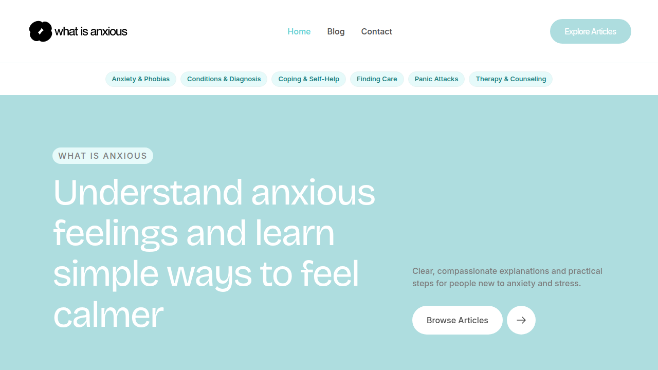 The homepage of whatisaanxious.com, a resource that clarifies differences between various mental health professions and services.