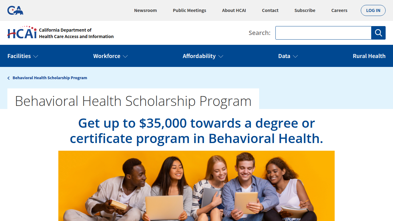 Information page for the Behavioral Health Scholarship Program, showcasing funding opportunities for aspiring therapists.