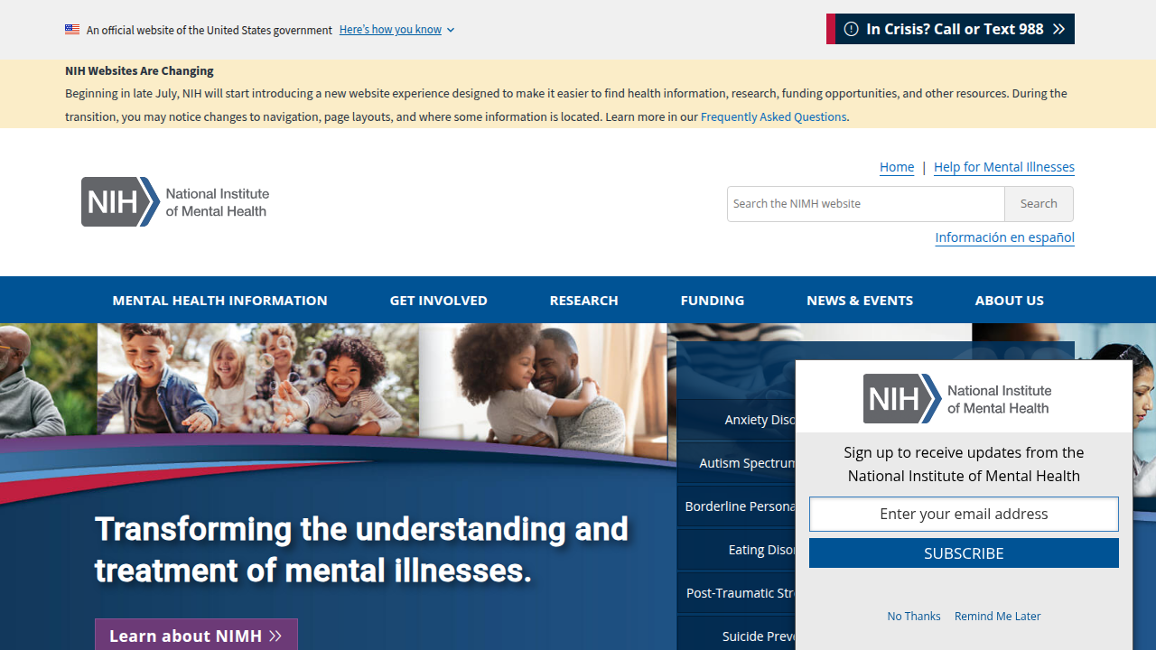 Screenshot of the National Institute of Mental Health (NIMH) homepage, a leading resource for mental health information and research.