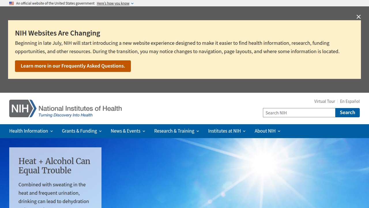 Screenshot of the National Institutes of Health (NIH) homepage, a key government agency for biomedical research and public health.