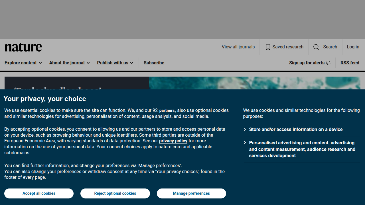 Screenshot of the Nature.com homepage, a prominent scientific journal publishing peer-reviewed research across many fields.