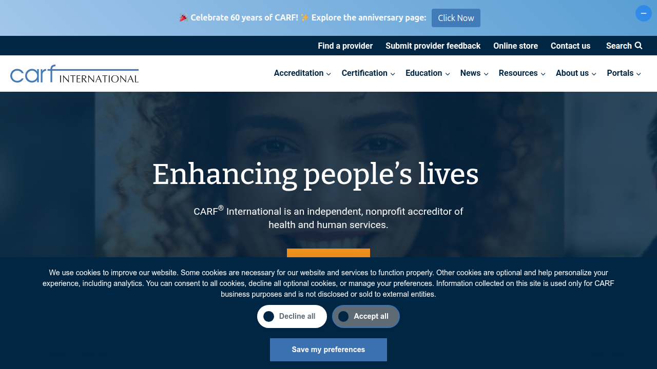 The CARF International homepage, an accreditation body for health and human services programs.