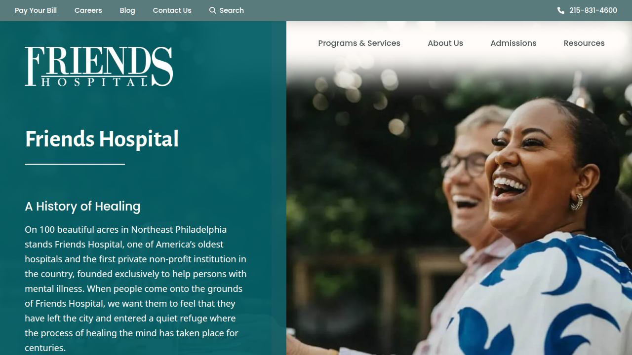 The Friends Hospital homepage, a mental health treatment center referenced for program intensity.
