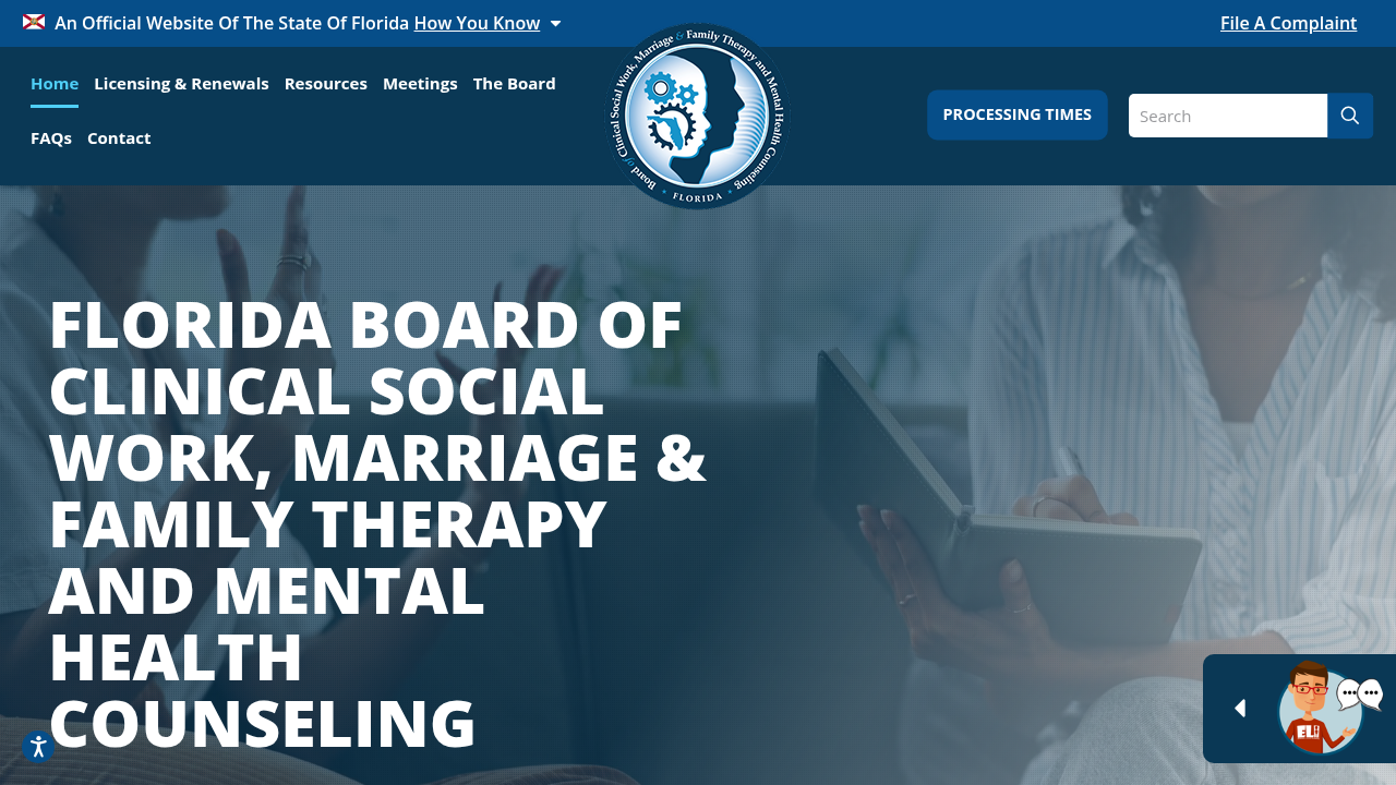 Official website for the Florida Board of Clinical Social Work, Marriage & Family Therapy and Mental Health Counseling.